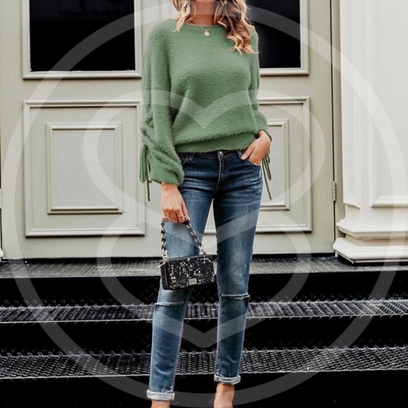 Fuzzy cozy ruched sleev fall autumn sweater -greeN - Picture 6 of 9